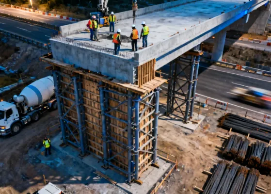 Bridge deck construction with Doka shoring towers and formwork